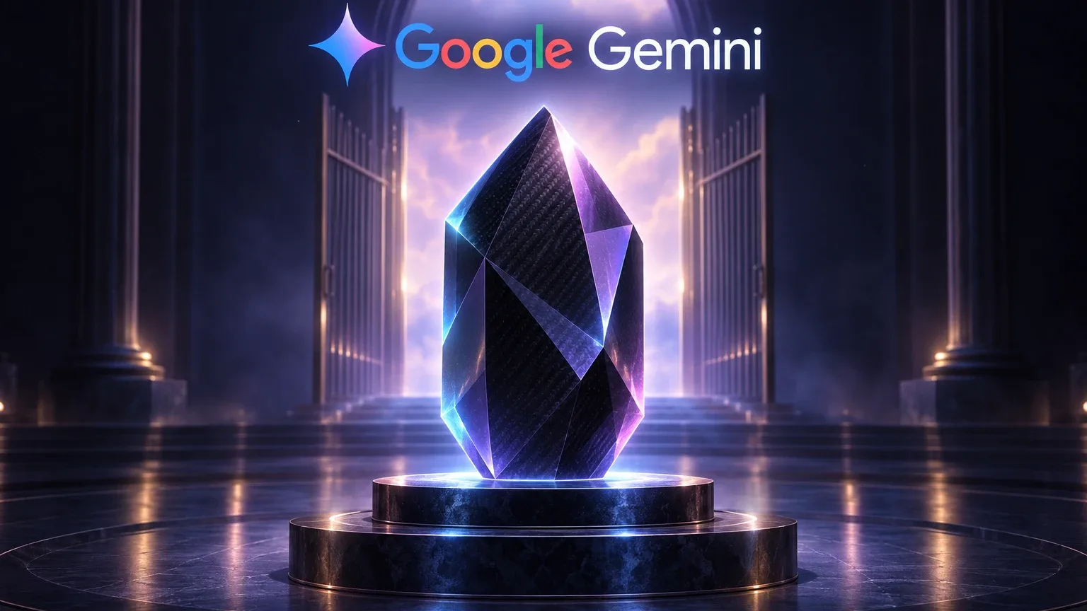 Ein dunkler, facettierter Carbon-Kristall schwebt leuchtend auf einem Marmorsockel vor einem offenen Tor mit violettem Wolkenhimmel, darüber das Google-Gemini-Logo.