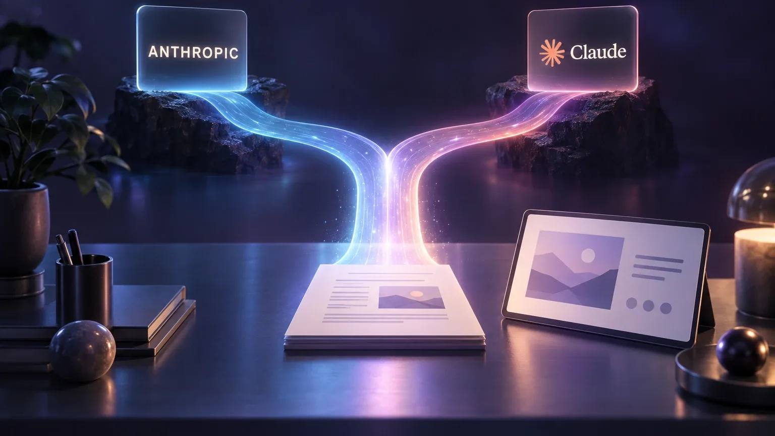 Zwei leuchtende Glastafeln mit den Logos von Anthropic und Claude, deren Lichtströme in Cyan und Magenta auf einem Schreibtisch zu einem Dokument zusammenfließen, daneben ein Tablet mit Layout.