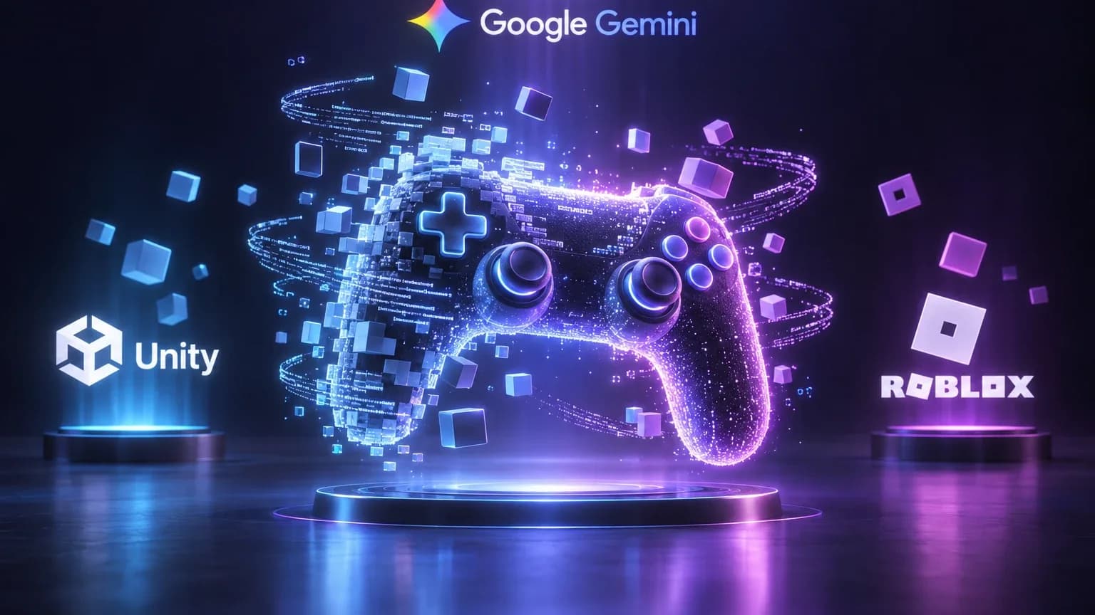 Ein leuchtender Gamecontroller, der links in Pixel und Code zerfällt, schwebt über einem Podest, umgeben von den Logos von Google Gemini oben, Unity links und Roblox rechts.