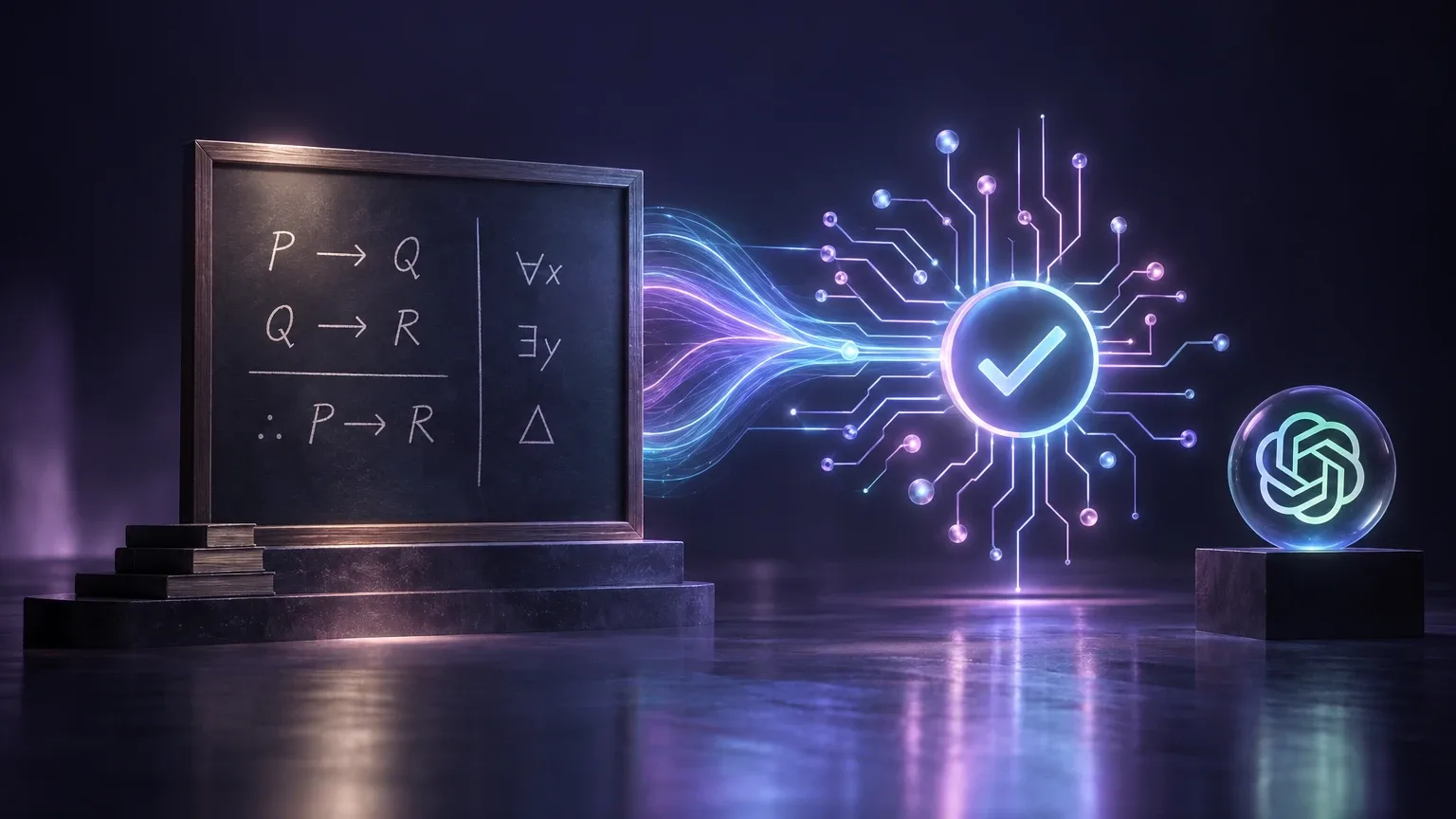 Eine Tafel mit logischen Formeln links sendet leuchtende violett-cyanfarbene Datenströme zu einem Prüfhaken im Schaltkreis-Symbol, rechts steht das OpenAI-Logo in einer Glaskugel auf einem Sockel.