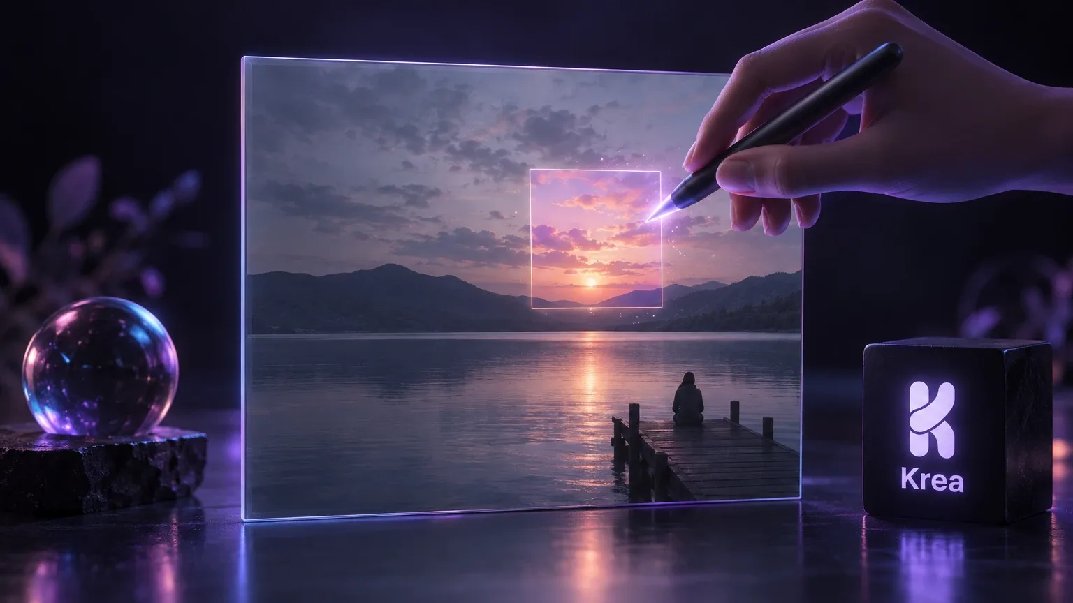 Eine Hand mit Stift markiert auf einer leuchtenden Glasscheibe mit Seelandschaft im Sonnenuntergang einen Bildausschnitt, daneben steht ein dunkler Würfel mit dem leuchtenden Krea-Logo.