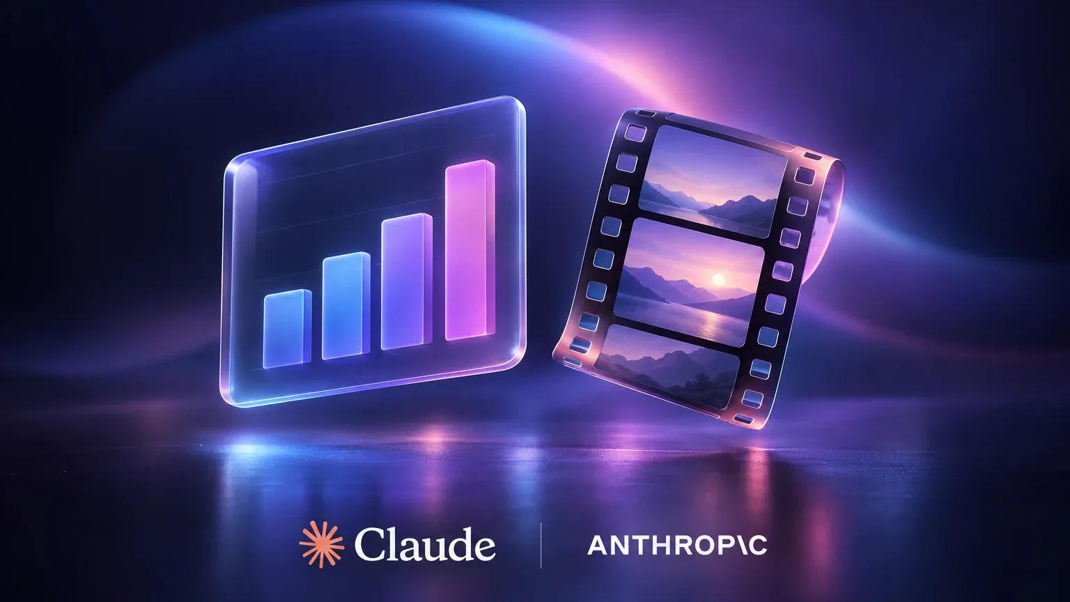 Ein leuchtendes Glas-Balkendiagramm und ein gebogener Filmstreifen mit Bergsee-Sonnenuntergang schweben vor dunklem Violett, darunter stehen die Logos von Claude und Anthropic.