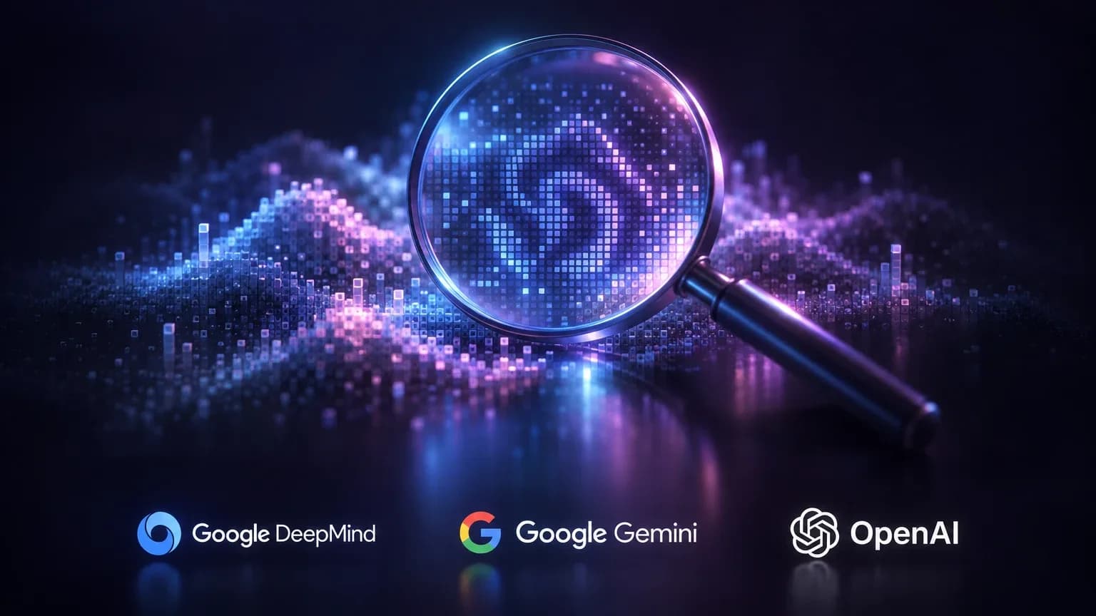 Eine leuchtende Lupe schwebt über einer Landschaft aus violetten und cyanfarbenen Pixeln, darunter stehen die Logos von Google DeepMind, Google Gemini und OpenAI.