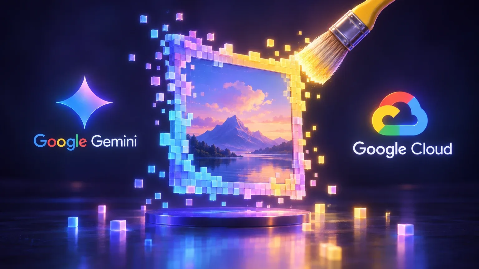 Ein leuchtendes Pixelbild mit Berglandschaft bei Sonnenuntergang wird von einem Pinsel aus Würfeln aufgebaut, flankiert von den Logos Google Gemini und Google Cloud auf dunklem Violett-Hintergrund.