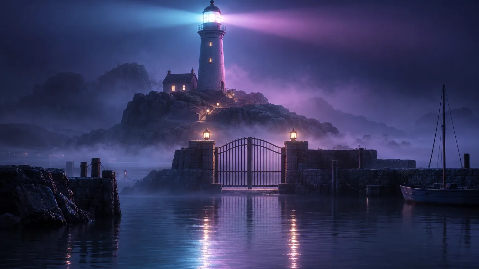 Ein Leuchtturm auf einem Felsen sendet im Nebel einen cyanblauen und einen magentafarbenen Lichtstrahl über ein ruhiges Hafenbecken mit einem schmiedeeisernen Tor im Vordergrund.