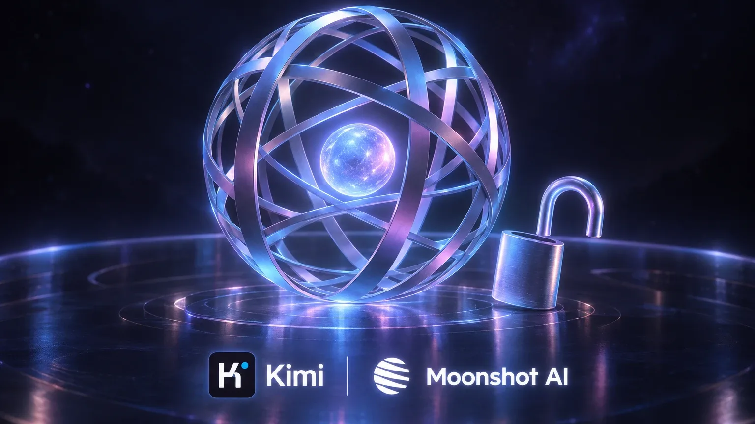 Leuchtende Gitterkugel aus Metallbändern mit strahlendem Kern neben einem geöffneten Vorhängeschloss auf einer spiegelnden Fläche, darunter die Logos von Kimi und Moonshot AI.