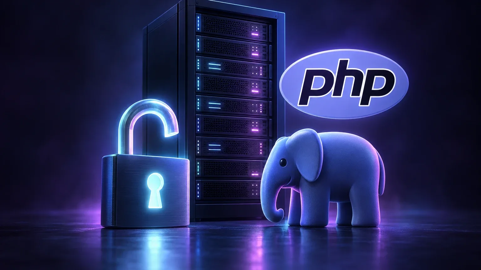 Ein Serverschrank mit leuchtendem, geöffnetem Vorhängeschloss daneben, davor ein stilisierter Elefant und darüber das PHP-Logo in Violett-Blau vor dunklem Hintergrund.