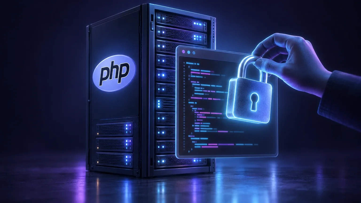 Ein dunkler Server-Schrank mit dem PHP-Logo, davor ein leuchtendes Code-Fenster, in das eine Hand ein glühendes Vorhängeschloss hält.
