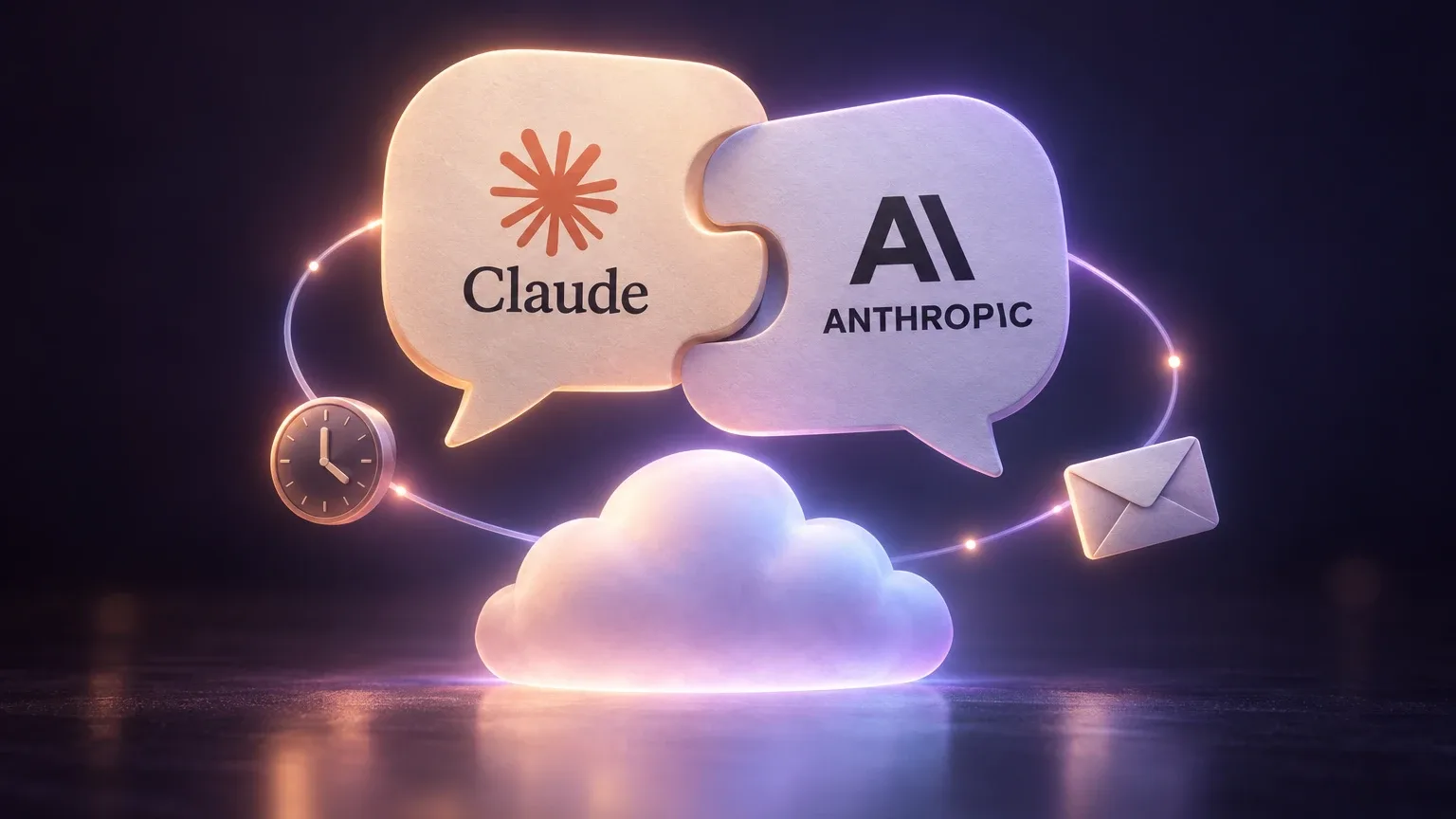 Zwei ineinandergreifende Sprechblasen mit dem Claude-Logo samt Schriftzug und dem Anthropic-Logo samt Schriftzug, darunter eine leuchtende Wolke, umkreist von Uhr und Umschlag auf violettem Dunkelgrund.