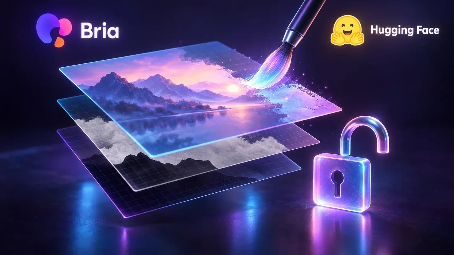 Drei schwebende, leuchtende Glasebenen mit einer Berglandschaft im Abendlicht, die ein Pinsel hervorzaubert, daneben ein geöffnetes Vorhängeschloss sowie die Logos von Bria und Hugging Face auf dunklem violettem Hintergrund.