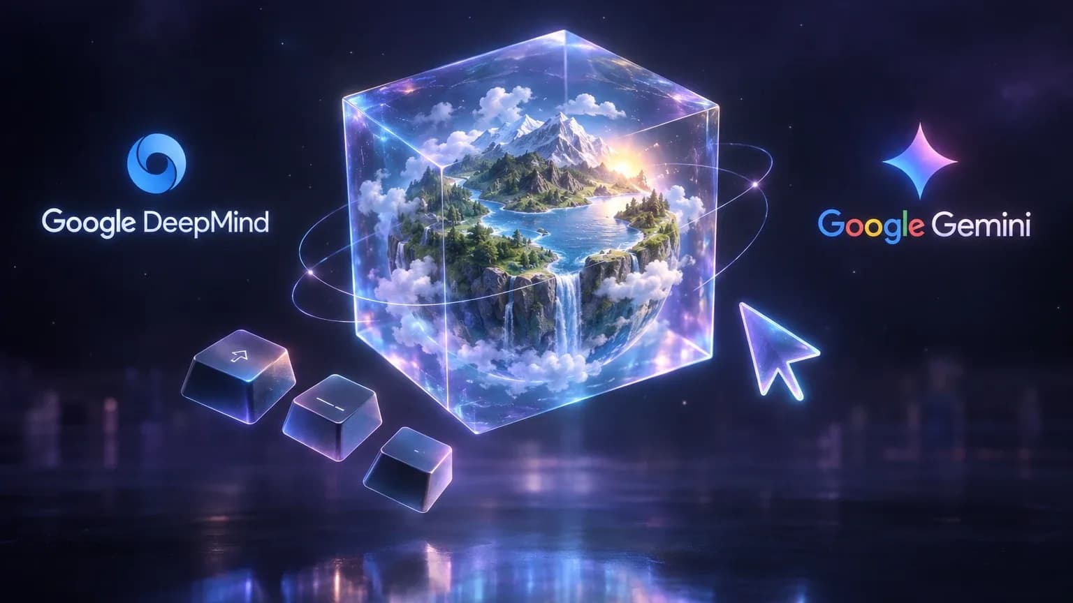 Illustration einer kleinen leuchtenden Welt in einem durchsichtigen Würfel, in dem eine Landschaft entsteht, daneben ein Cursor und Tastaturtasten, mit den Logos von Google DeepMind und Google Gemini.