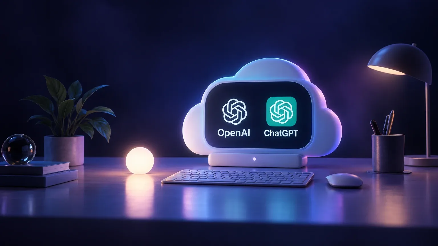 Leuchtende Cloud als Bildschirm auf einem dunklen Schreibtisch mit Tastatur, Maus, Lampe und Pflanze, auf dem die Logos von OpenAI und ChatGPT zu sehen sind.